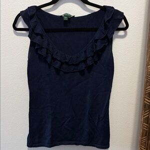 Ralph Lauren - navy ruffled silk shell Medium; VGUC